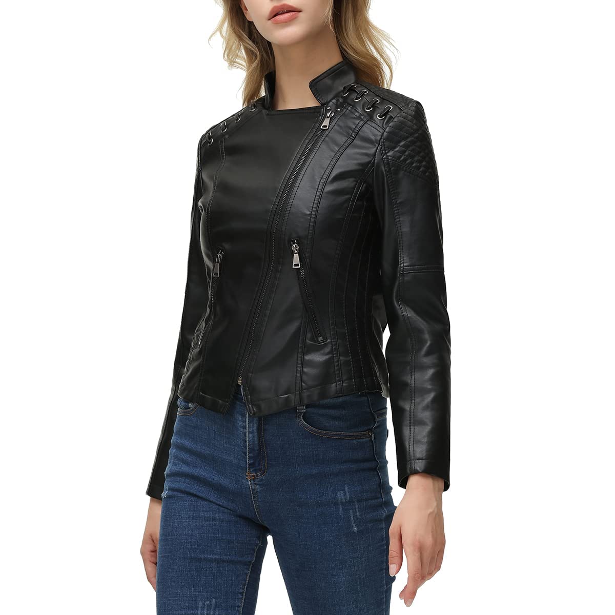 MODFUL Women's Faux Leather Moto Jacket Casual Short Solid Color PU Biker Coat with Pockets(Black,Medium)