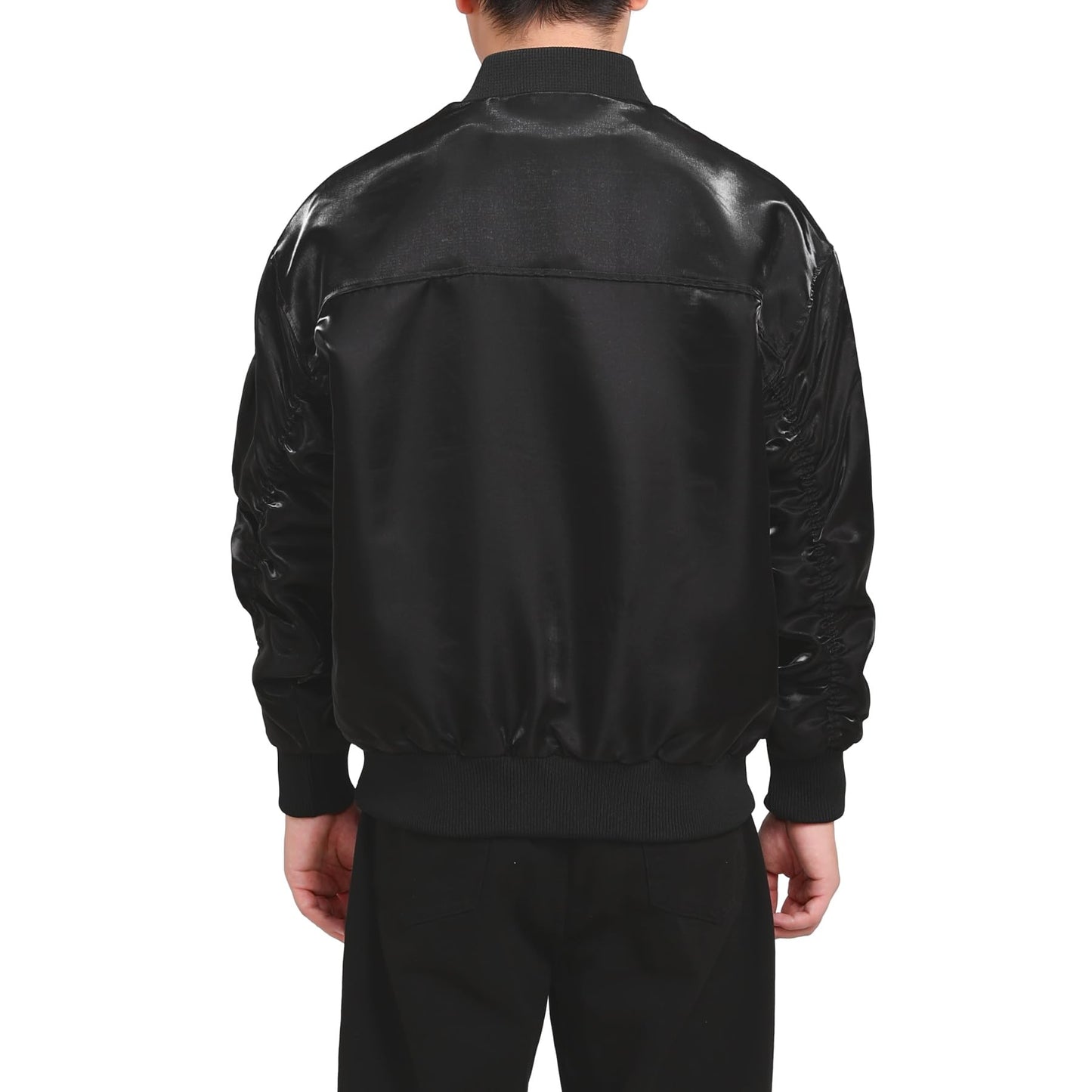 BYBNOLL Men's Satin Bomber Jacket Full Zip Flight Coat with Sleeve Pocket (Black,L)