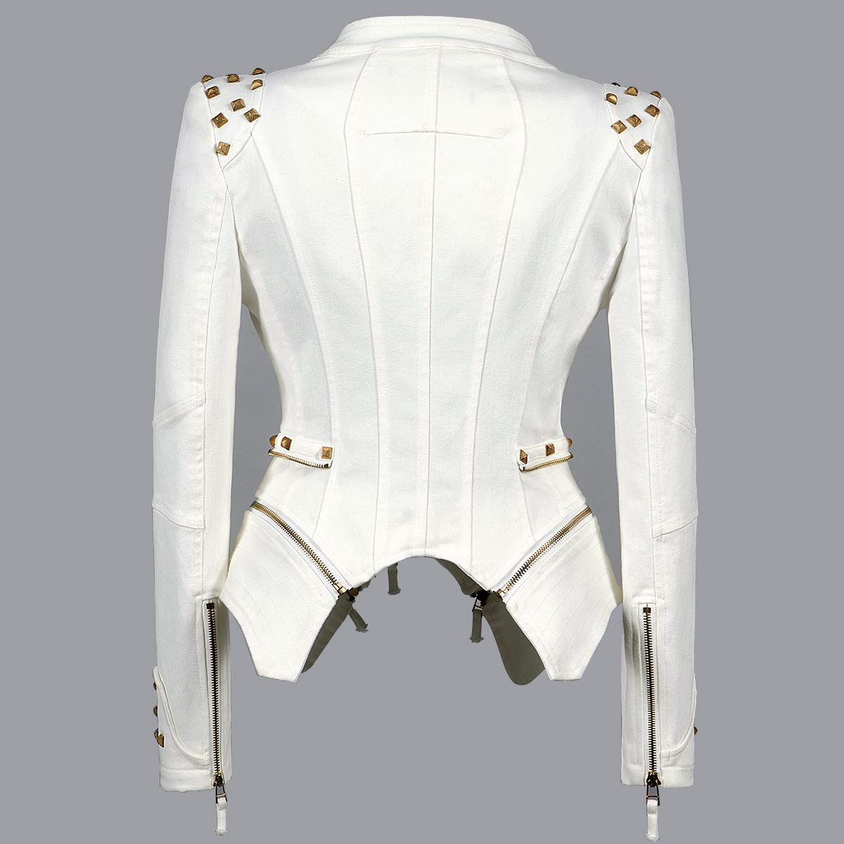 Fashion SX Womens Rivet Faux Leather Jacket Zipper Moto Biker Denim coat Motorcycle Outwear (2XL, White)