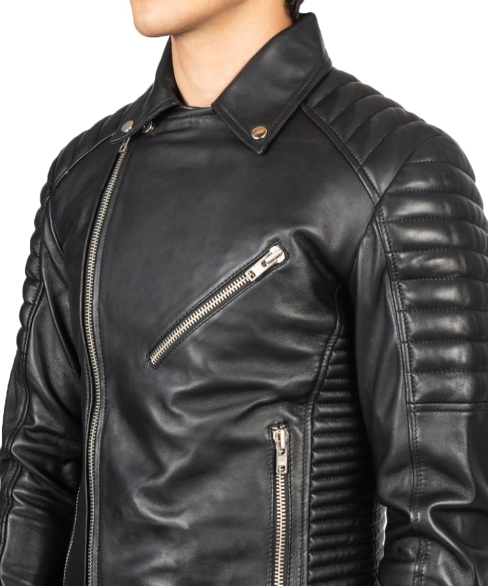 USTRADEENT 2024 Genuine Leather Biker Jacket for Men - 100% Lambskin Leather Biker Brown Vintage Jacket… (US, Alpha, X-Large, Regular, Regular, Black)