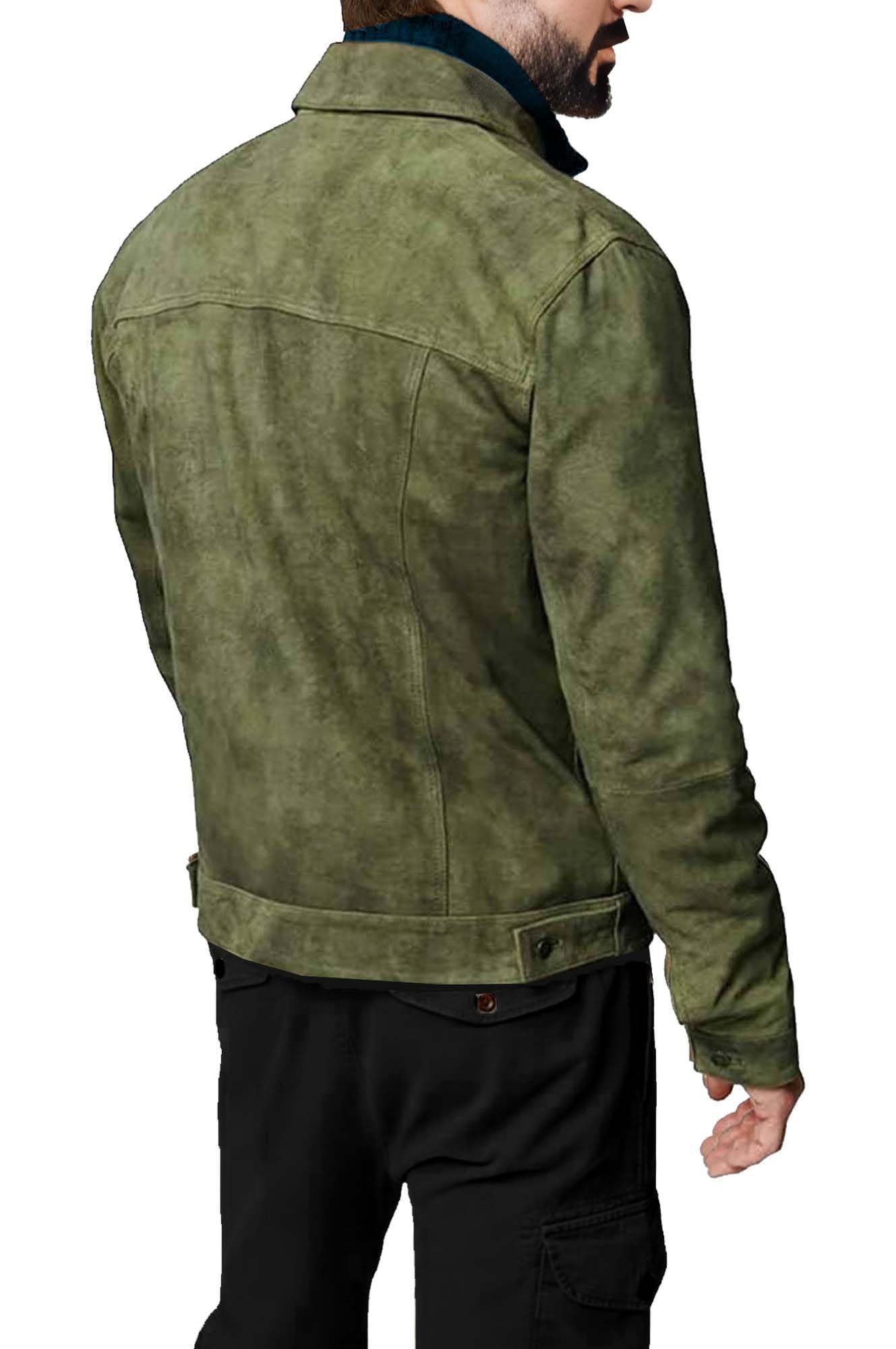 Premium Vintage Trucker Suede Leather Jacket Men Genuine Lambskin Men Leather Jackets Shirt Collar Jackets For Mens (US, Alpha, XX-Large, Regular, Regular, Olive Suede Leather)
