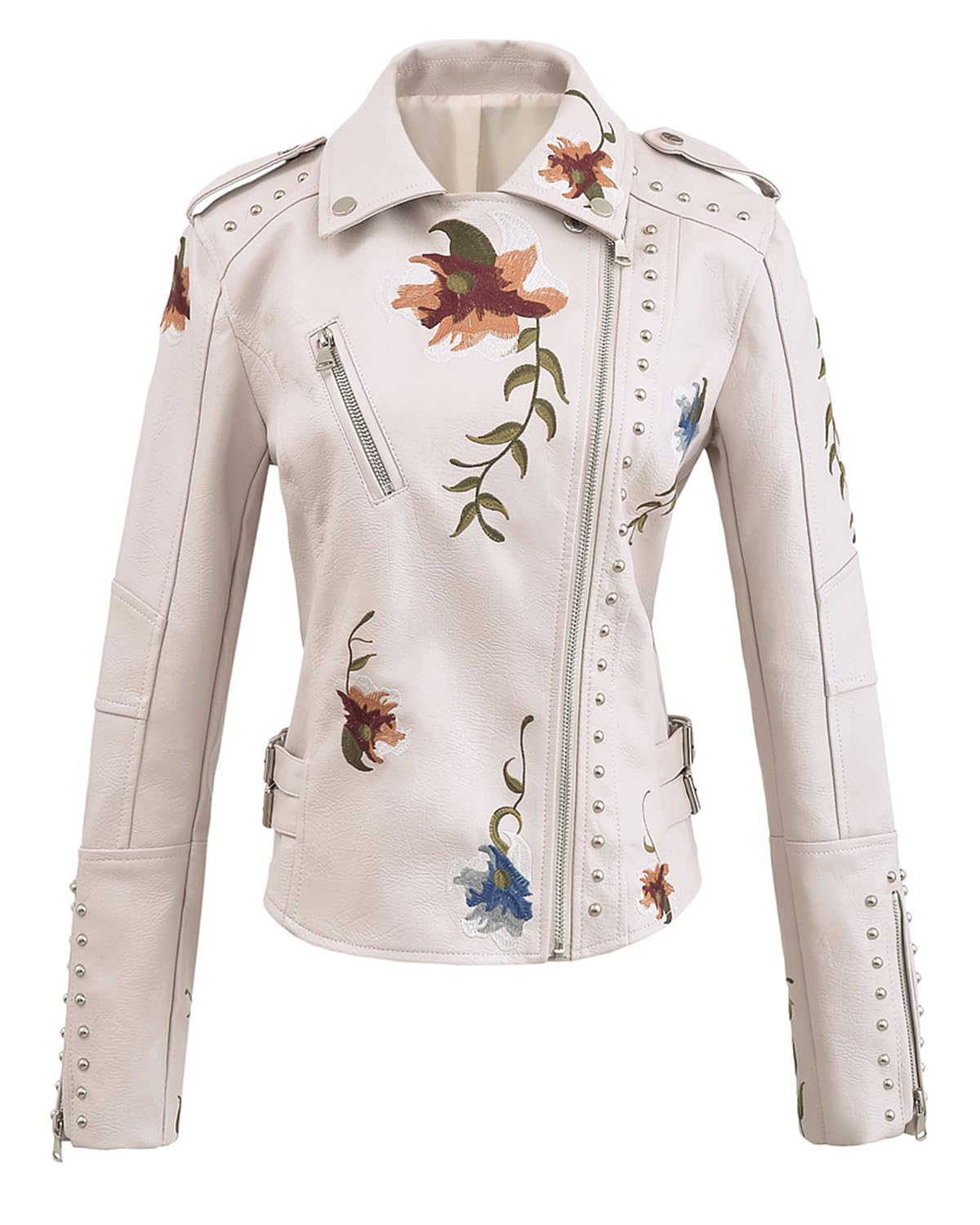 YILANUOYI Women's Embroidered Studded Faux Leather Jacket Moto Punk Jacket Floral Coat (XXL, XHPY Beige)
