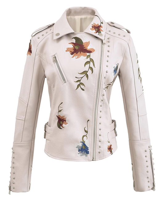 YILANUOYI Women's Embroidered Studded Faux Leather Jacket Moto Punk Jacket Floral Coat (XXL, XHPY Beige)