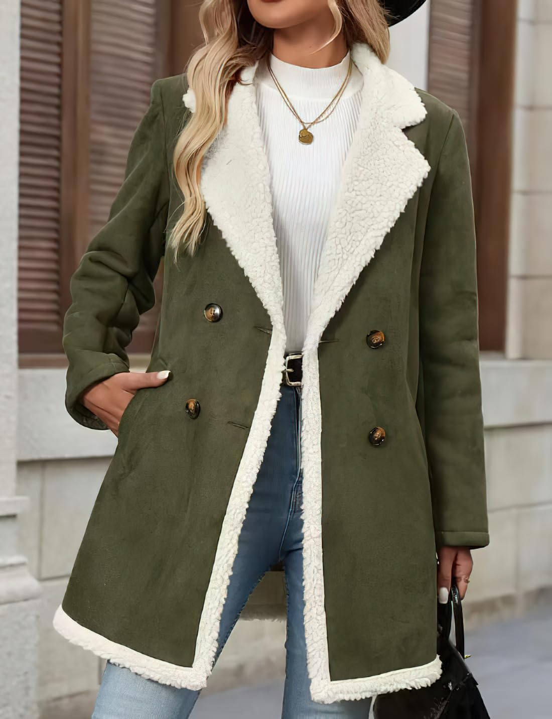 chouyatou Women's Winter Notch Lapel Double Breasted Peacoat Sherpa Fleece Lined Faux Suede Jacket Coat (X-Large,Green)