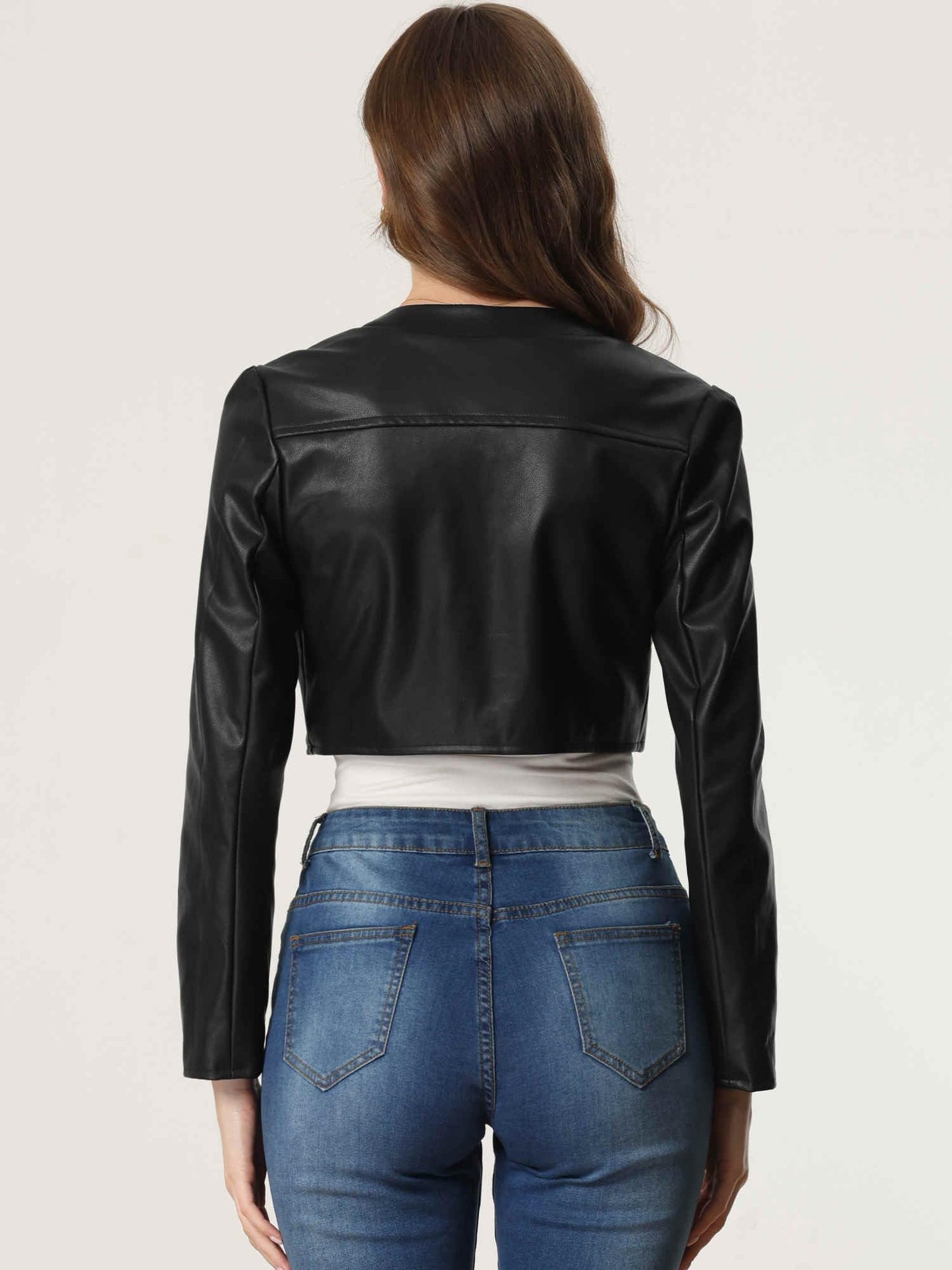Allegra K Jacket for Women's Open Front Long Sleeve PU Cropped Jacket Coat Medium Black