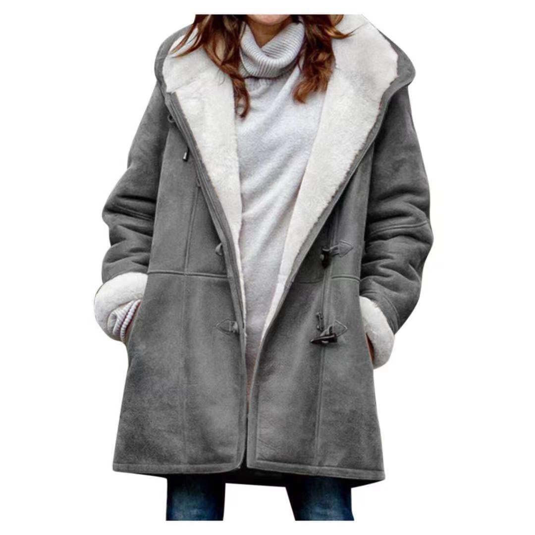 AI'MOURI Windproof Sherpa Lined Outerwear for Women Winter, Fashion Fleece Hooded Overcoat with Pockets, Warm and Thicken Parka Jacket (Gray, L)