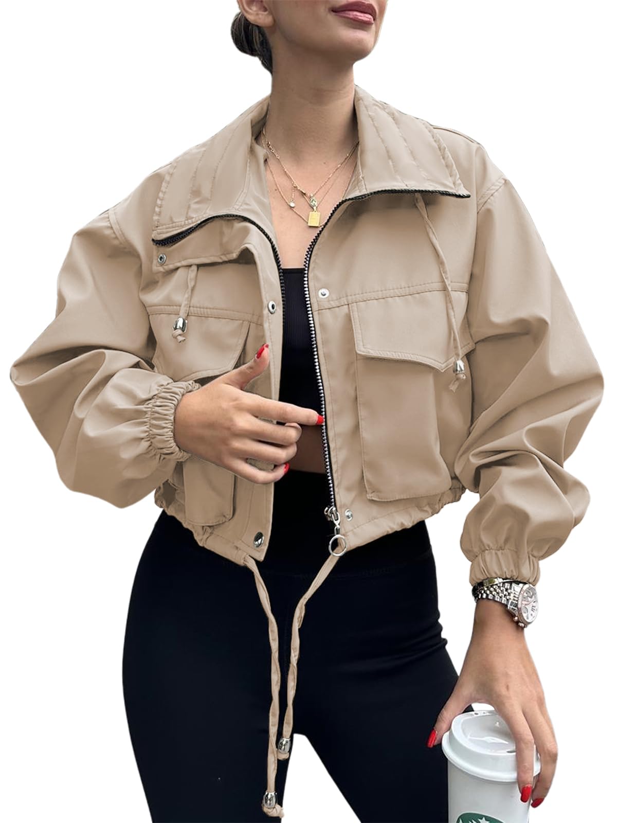 Tankaneo Womens Cropped Jacket Zip Up Lightweight Oversized Utility Anorak Coat with Pockets
