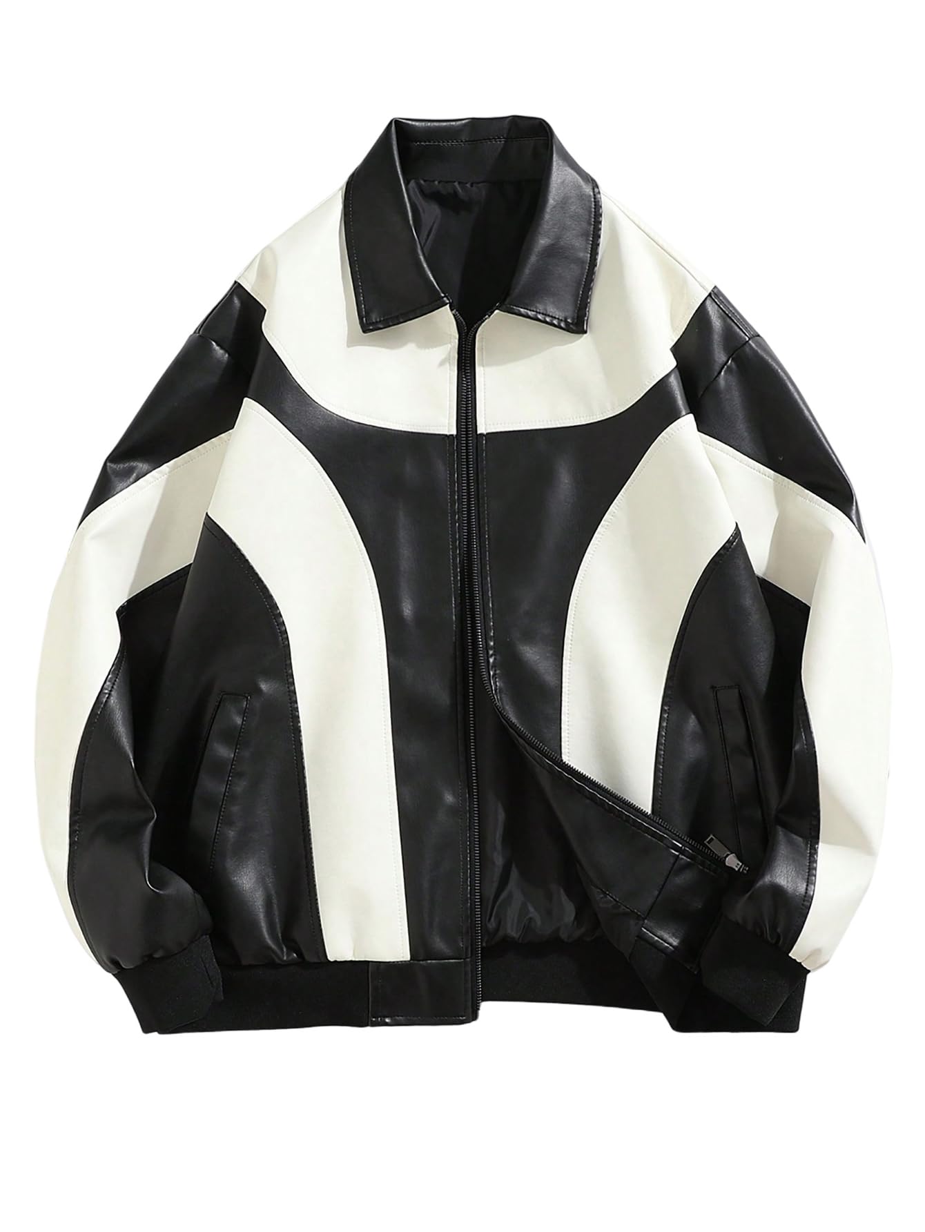 BEAUDRM Men's Y2k PU Leather Jacket Color Block Motorcycle Coat Zip Up Long Sleeve Outerwear with Pockets Streetwear Black and White Medium