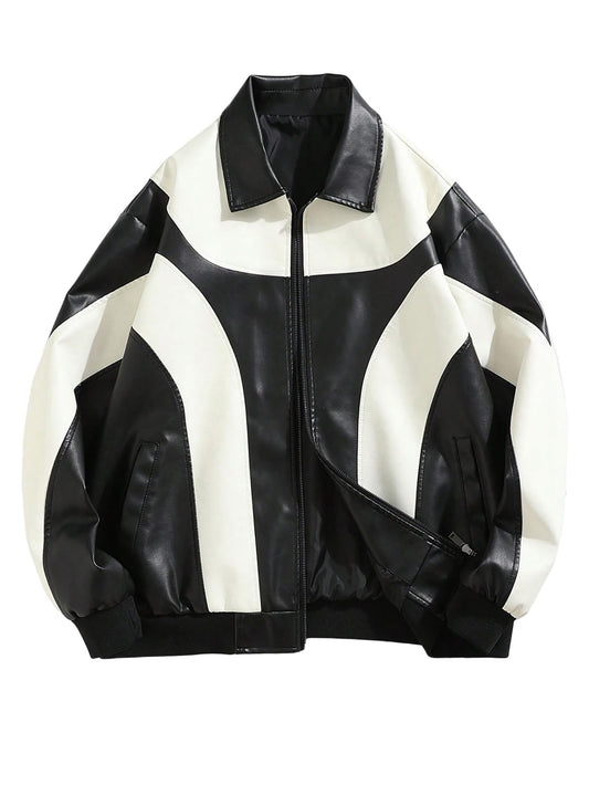 BEAUDRM Men's Y2k PU Leather Jacket Color Block Motorcycle Coat Zip Up Long Sleeve Outerwear with Pockets Streetwear Black and White Medium