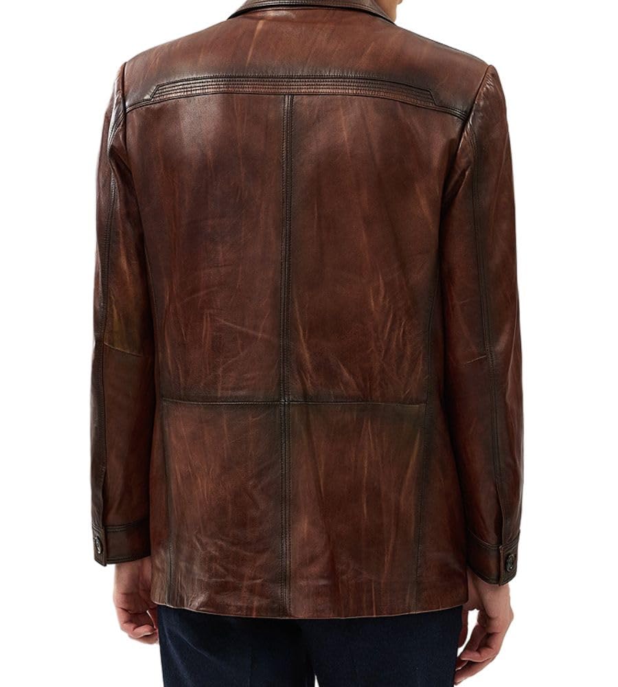 Brown Leather Blazer Men Vintage Italian Blazers Real Lambskin Leather Sports Coat Buttons Jacket X-Large