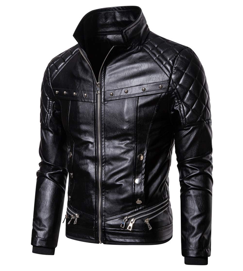 chouyatou Men's Removable Fur Collar Sherpa Lined Steampunk Faux Leather Jacket (Medium, Black)