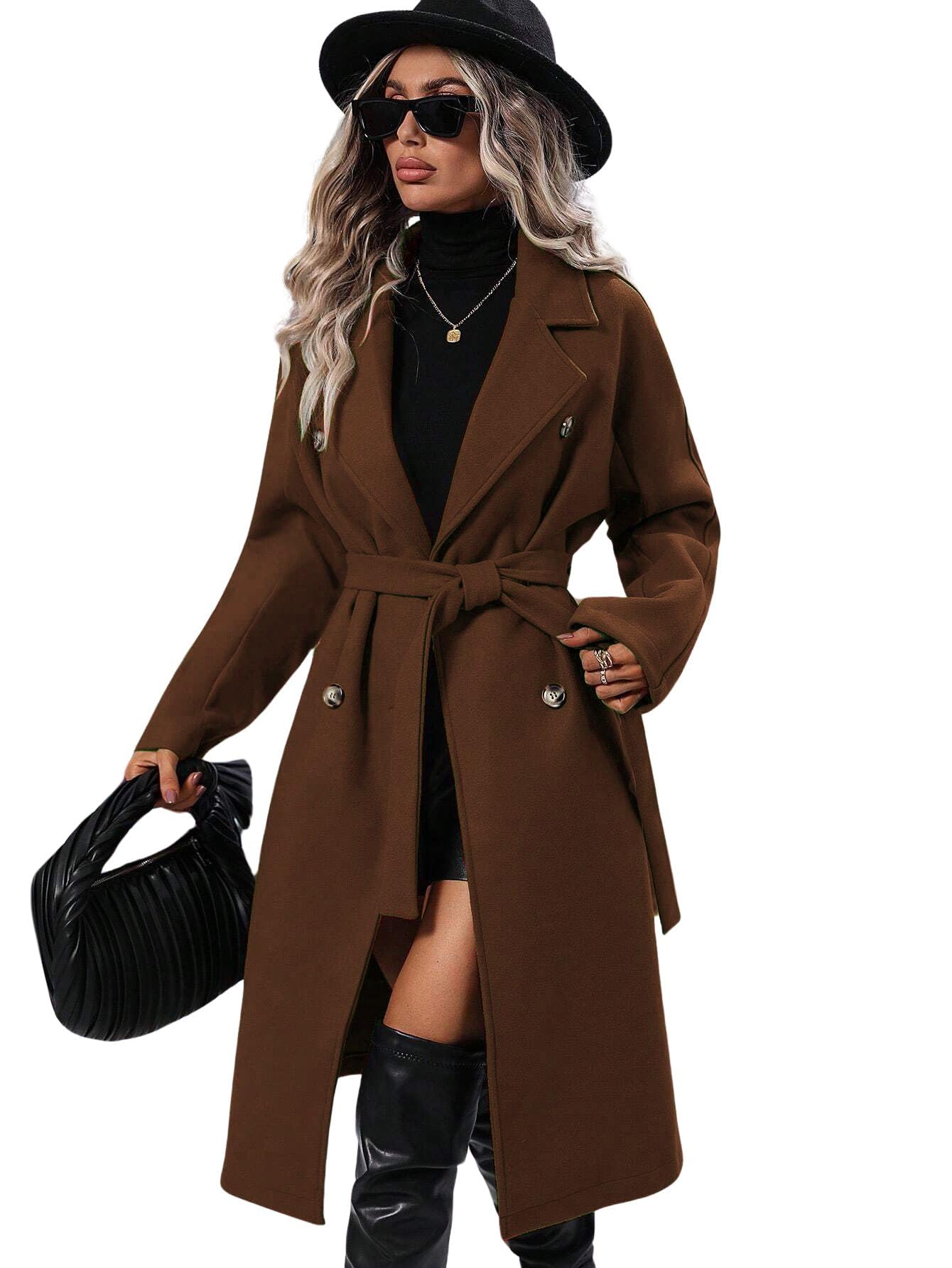 utcoco Womens Long Wool Pea Coat Notched Lapel Double Breasted Trench Coat Winter Warm Overcoat with Belt (Small, Brown)