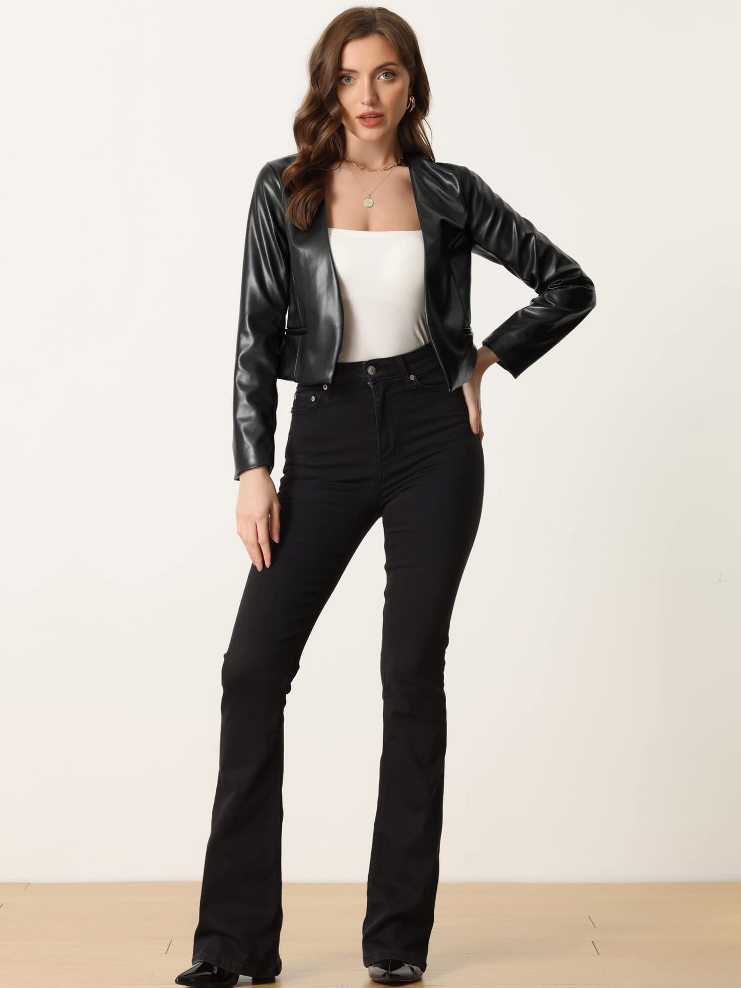 Allegra K Faux Leather Jacket for Women's Collarless Open Front Crop PU Moto Biker Jackets Medium Black