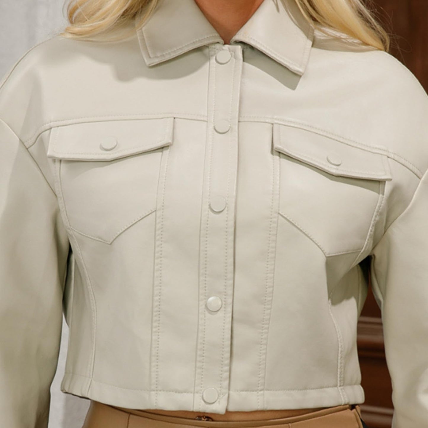 Women's Faux Leather Jacket Classic Button-Down Style, Cropped Length with Front Pockets PU Moto Bike Outwear Coat (US, Alpha, Small, Regular, Regular, White)