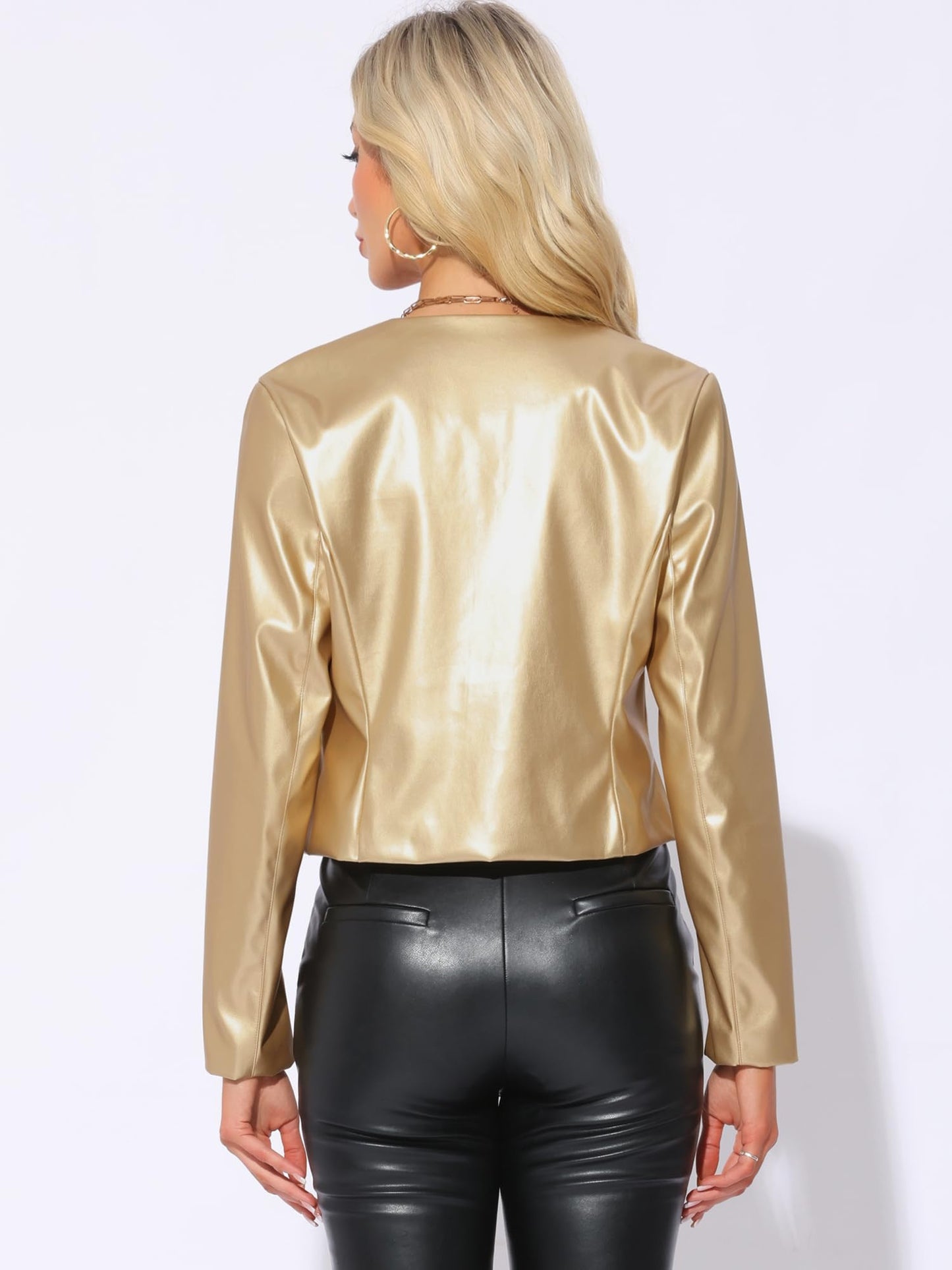 Allegra K Faux Leather Jacket for Women's Collarless Open Front Crop PU Moto Biker Jackets Small Gold