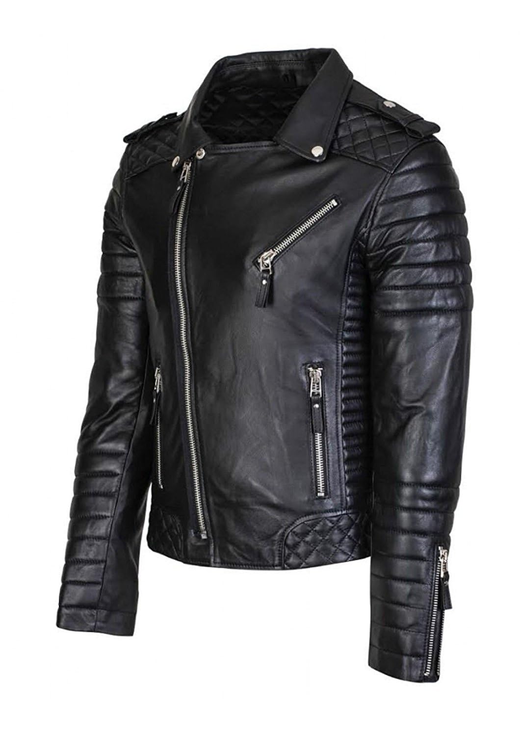 DECIMAL Men's Black REAL Lambskin Leather Biker Jacket VINTAGE GENUINE MOTORCYCLE JACKETS FOR MEN (US, Alpha, X-Small, Regular, Regular, C BLACK)