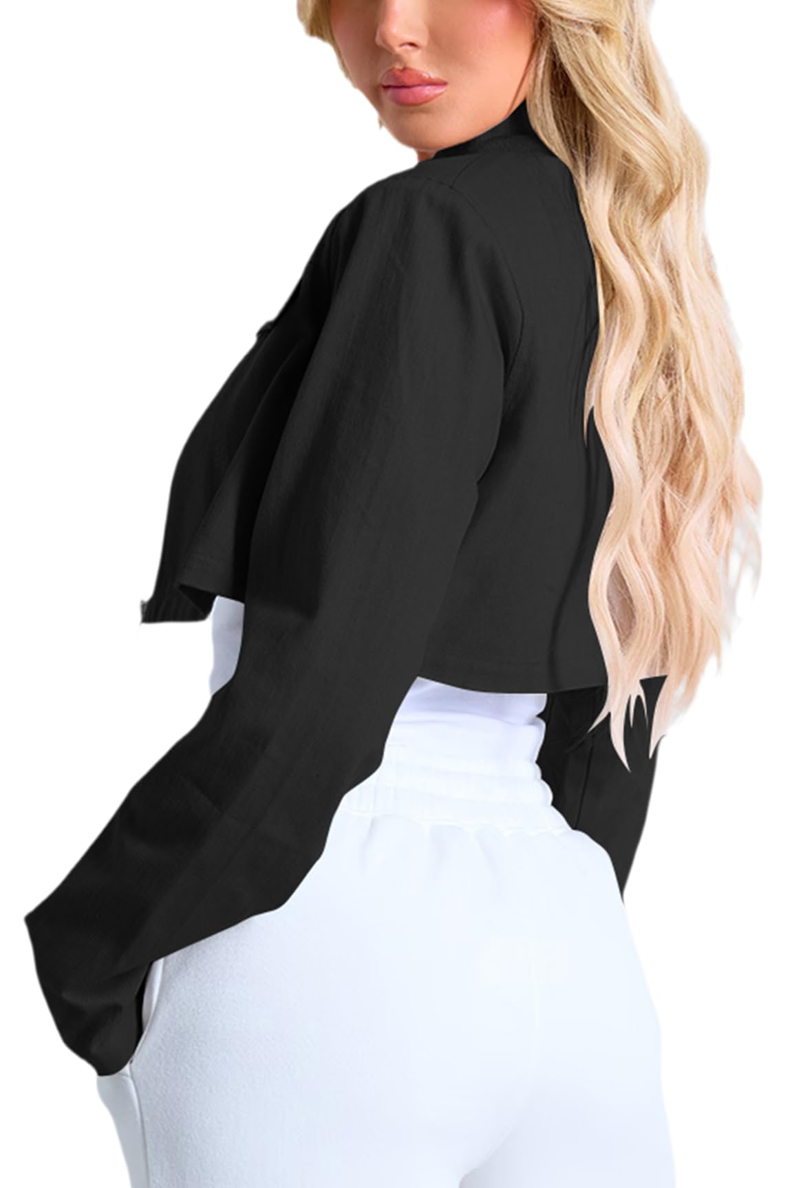 RomMoon Women's Cropped Jacket Casual Zip Up Long Sleeve Lapel Crop Tops Jackets Coat