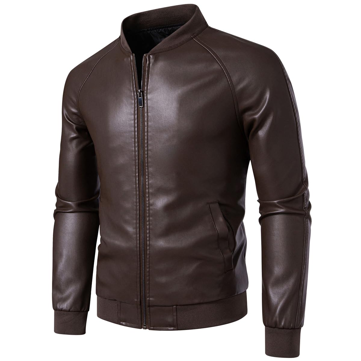Womleys Mens Casual Faux Leather Jacket Fall Winter Leather Bomber Jacket (Large, Coffee)