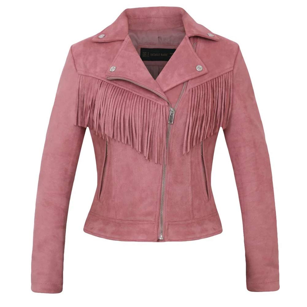CHARTOU Women's Fall 2023 Fashion Faux Suede Leather Casual Moto Biker Jacket Coats (Small, tassel-pink)