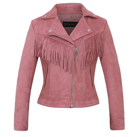 CHARTOU Women's Fall 2023 Fashion Faux Suede Leather Casual Moto Biker Jacket Coats (Small, tassel-pink)