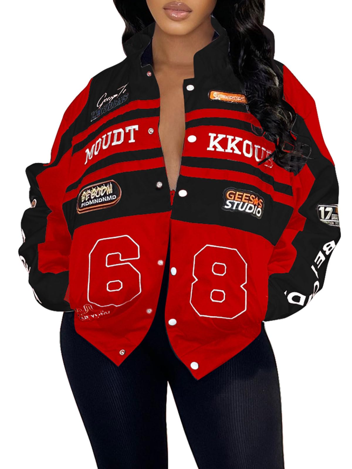 Angsuttc Varsity Jacket Women Motorcycle Race Car Marathon Jackets Casual Vintage Letterman Baseball Coats Red M