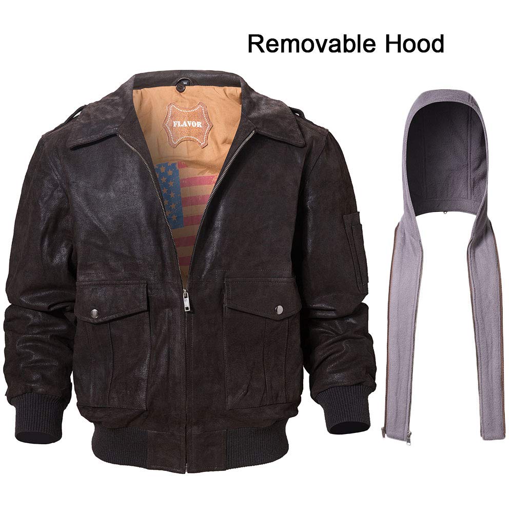 FLAVOR Men's Leather Flight Bomber Jacket Air Force Aviator (X-Large, Dark Brown Hood)