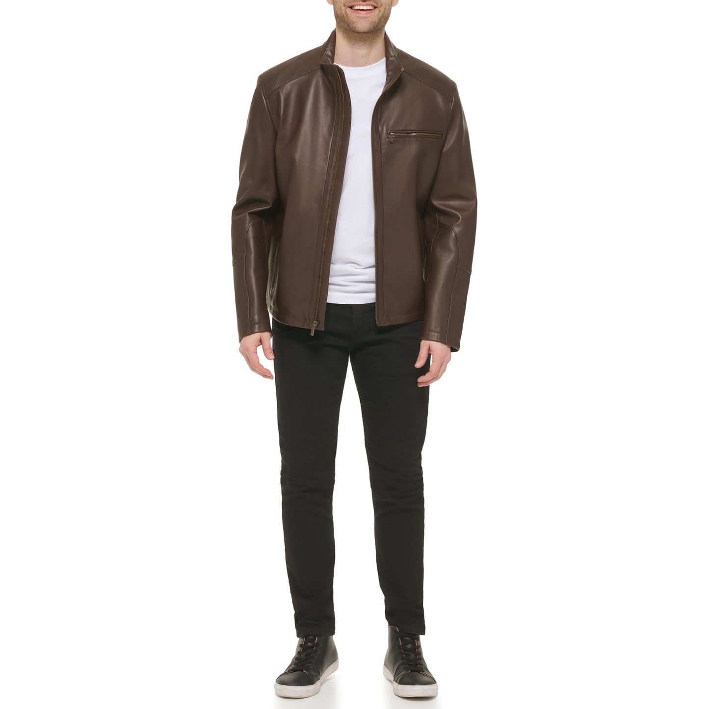 Cole Haan Men's Smooth Lamb Leather Moto Jacket, Java, Large