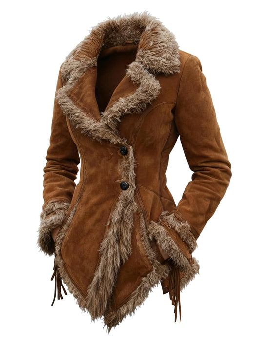 utcoco Women's Retro Suede Jacket with Faux Fur Lapel Collar Beggar Style Jacket for Women (X-Large, Brown)