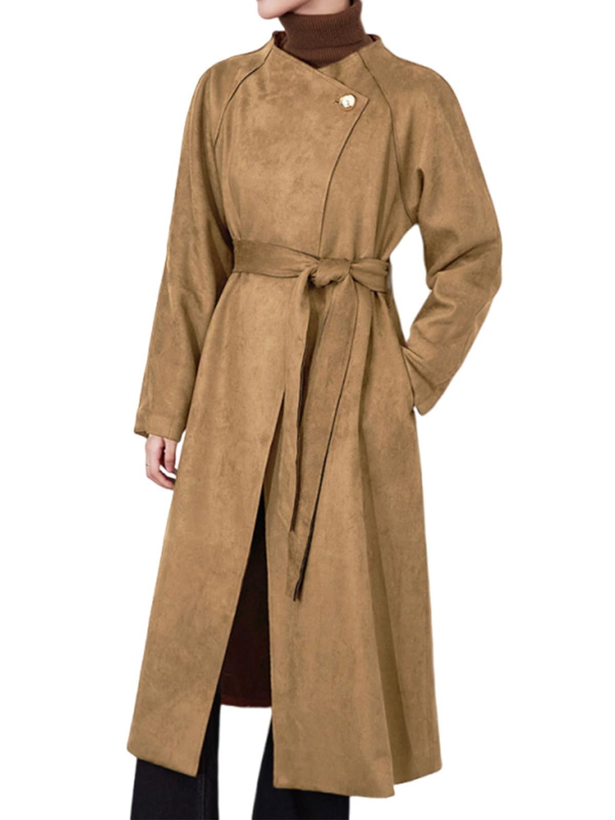 utcoco Womens Faux Suede Long Trench Coat Open Front Leather Trench Overcoat with Belt (Medium, Khaki)