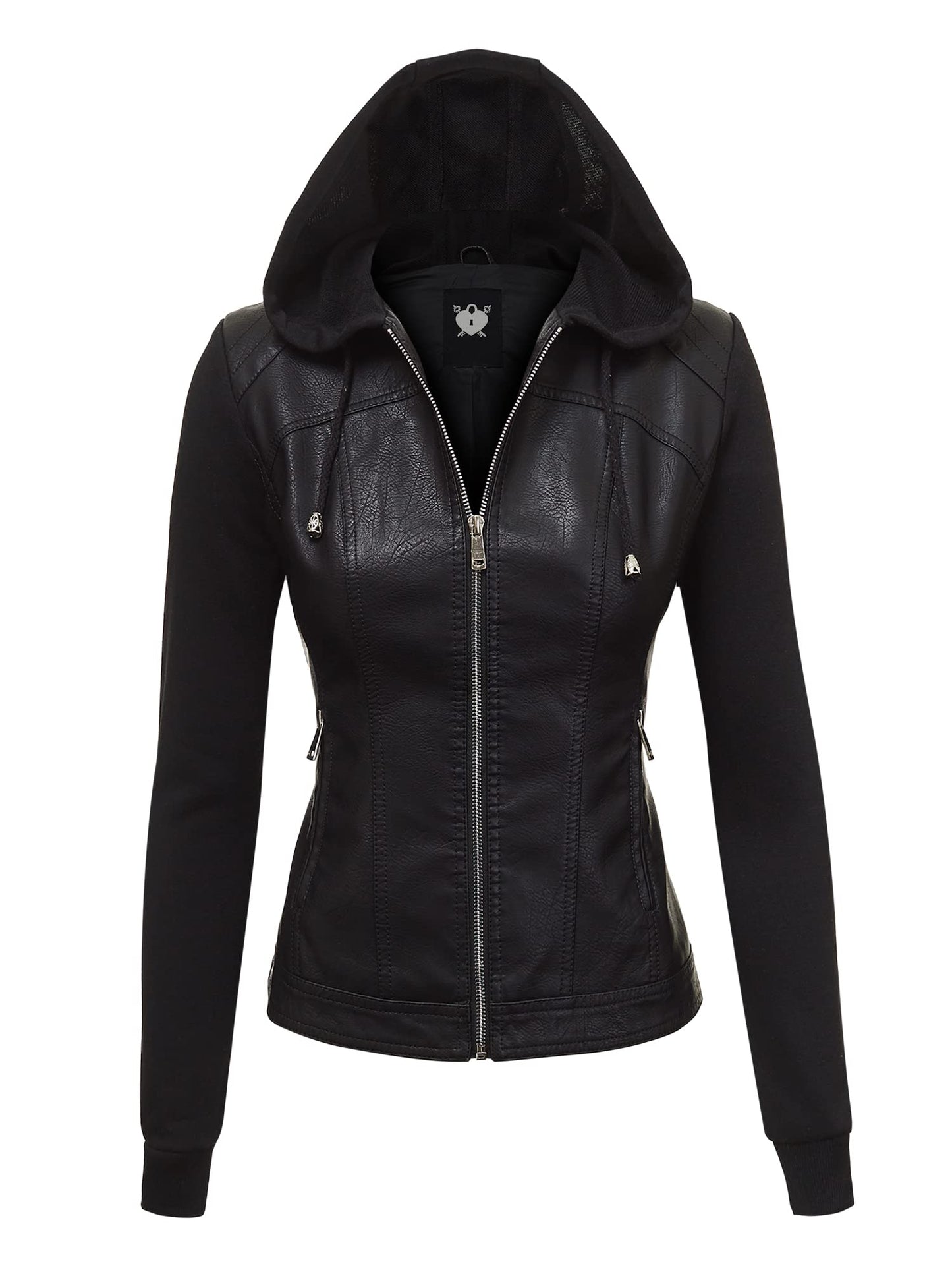 Made By Johnny MBJ WJC1347 Women’s Faux Leather Moto Jacket with Fleece Sleeves & Hoodie XS Black_Black