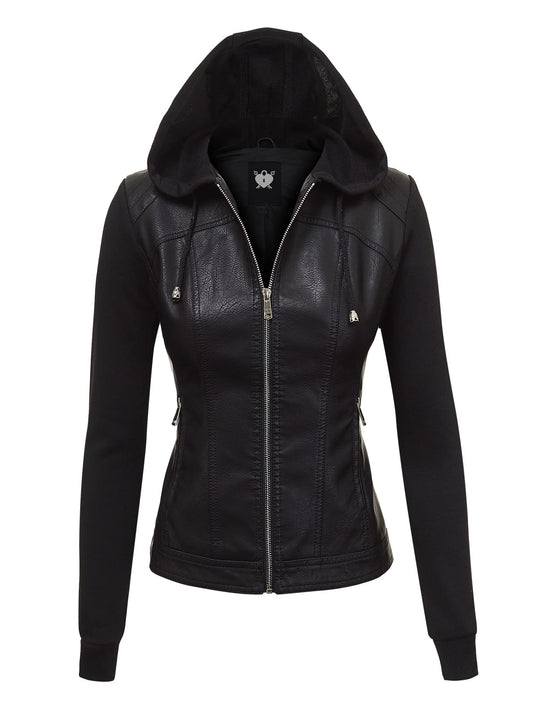 Made By Johnny MBJ WJC1347 Women’s Faux Leather Moto Jacket with Fleece Sleeves & Hoodie XS Black_Black