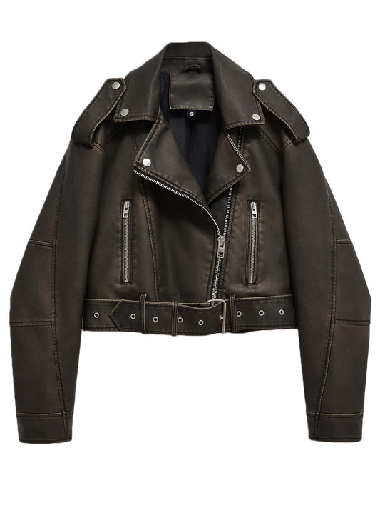 LY VAREY LIN Women Faux Leather Cropped Jacket Lapel Zipper Biker Short Coat with Belt
