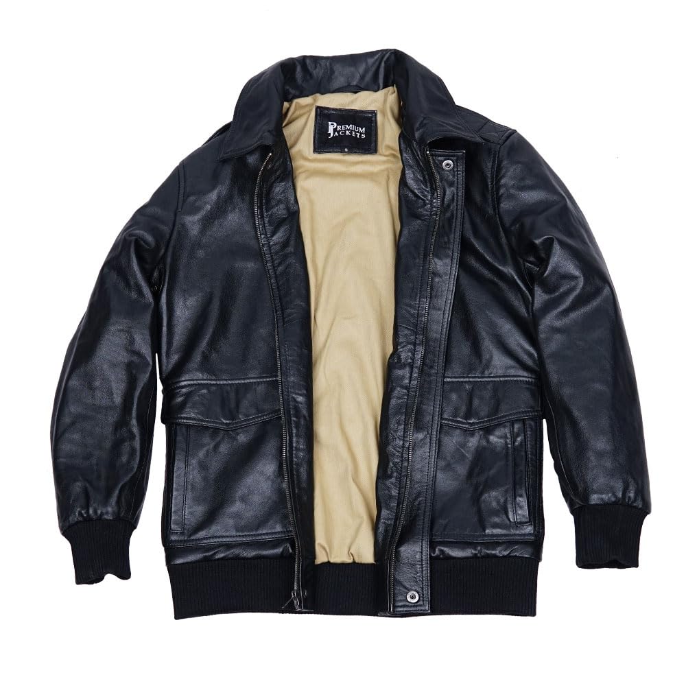 Crafter Men's Classic A2 Aviator WWII Flying Tiger Leather Jacket - Pilot Bomber Leather Jacket With Shirt Collar For Men (US, Alpha, Large, Regular, Regular, Black)