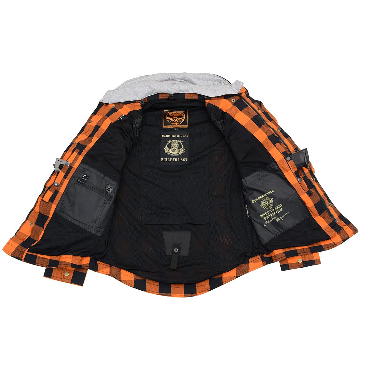 Milwaukee Leather Men’s Titans Orange & Black Plaid Hooded Riding Shirt w/CE Armor & Aramid Fiber Panels - MPM1642 - Large