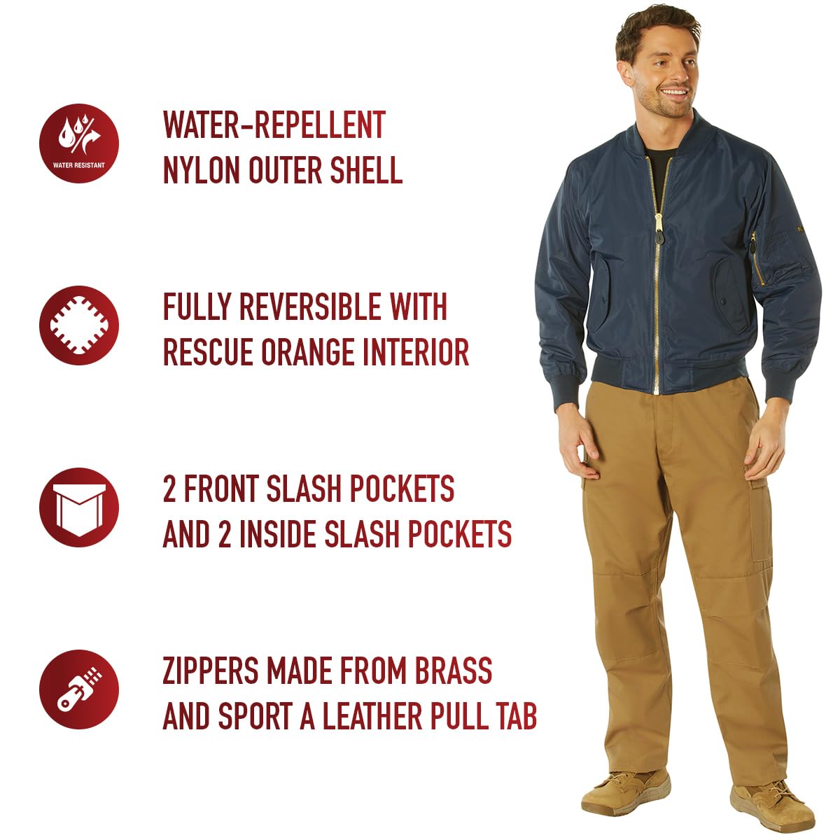Rothco Lightweight Enhanced Nylon MA-1 Flight Jacket – Bomber Style Spring Fall Coat, Navy Blue, L