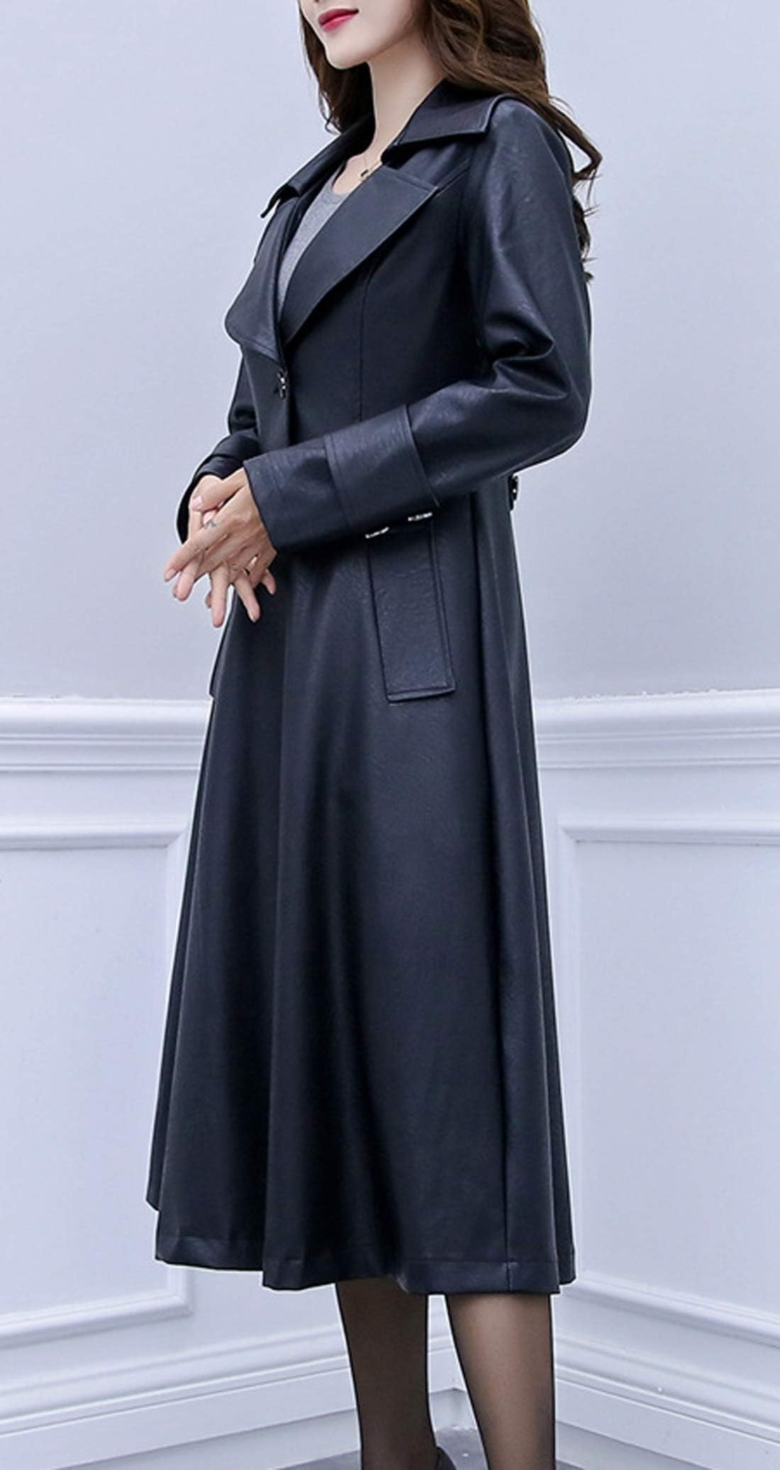 ebossy Women's Elegant Lapel Collar 2 Button Fit-Flare Pu Leather Long Trench Coat (L, Black)