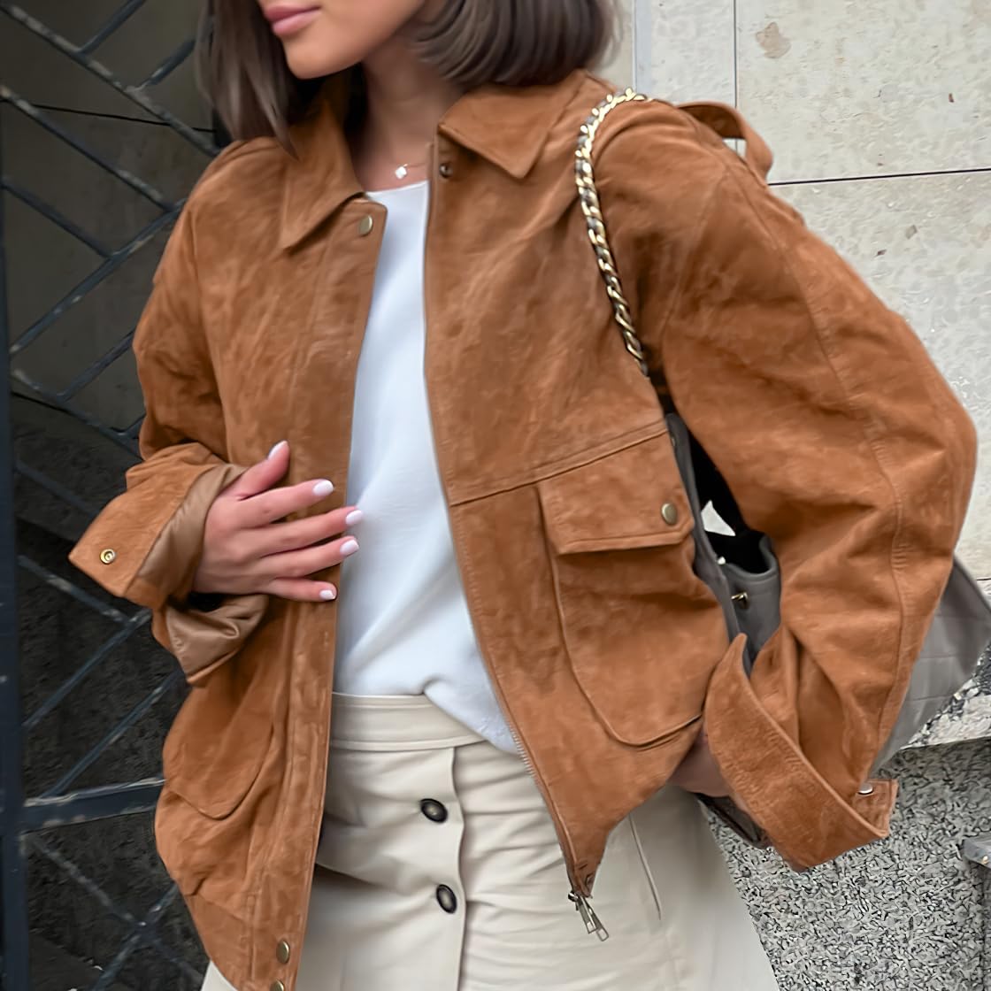 chouyatou Women Vintage Faux Suede Jacket Zip Up Bomber Jacket Lapel Collar Cropped Biker Moto Jacket Coat (XX-Large,Brown)