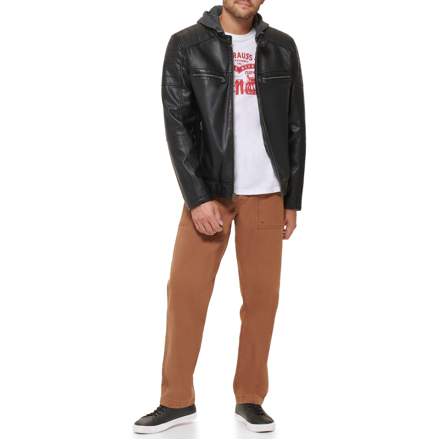 Levi's Men's Faux Leather Hooded Racer Jacket, Black Modern Lamb, Large