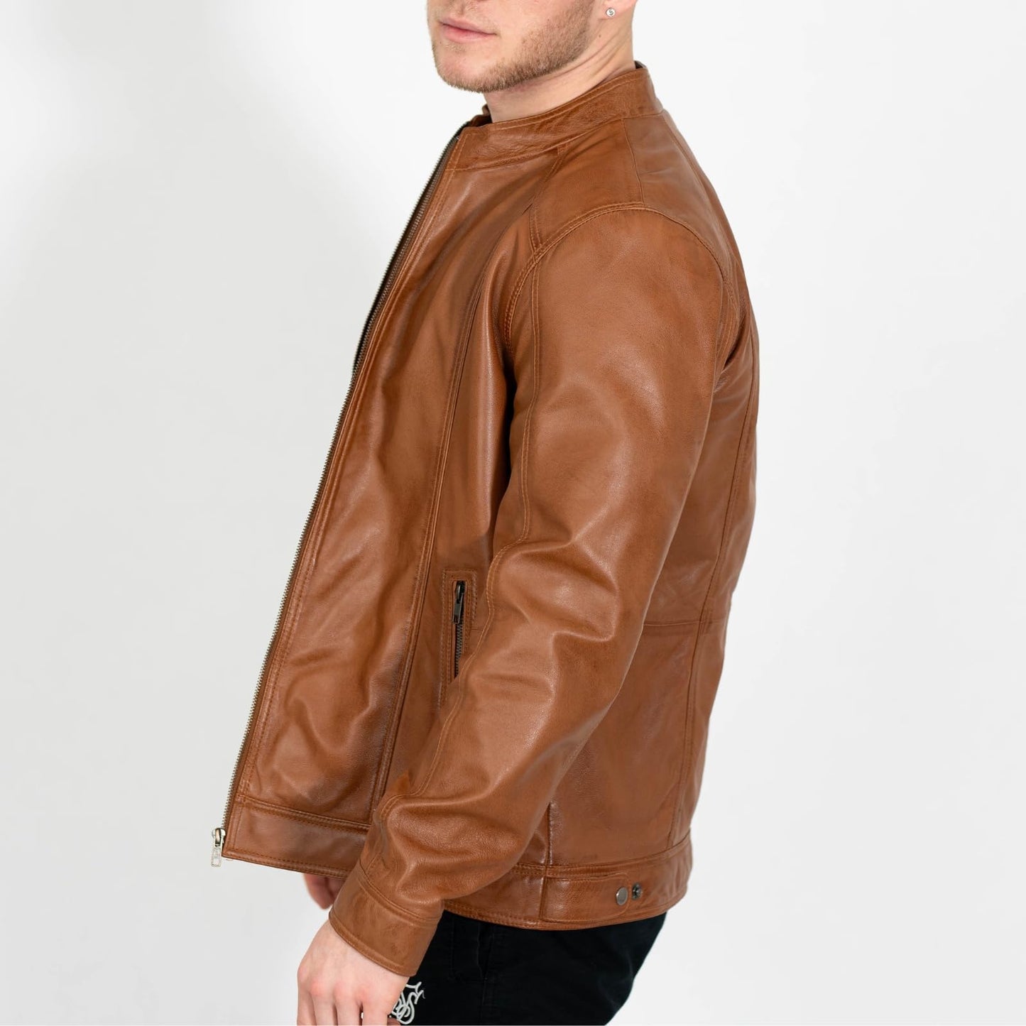 BRICK LANE Stand Collar Leather Jacket for Men | Timeless Design - Genuine Lamb Nappa Leather Cafe Racer Jacket (US, Alpha, Large, Regular, Regular, Tan)