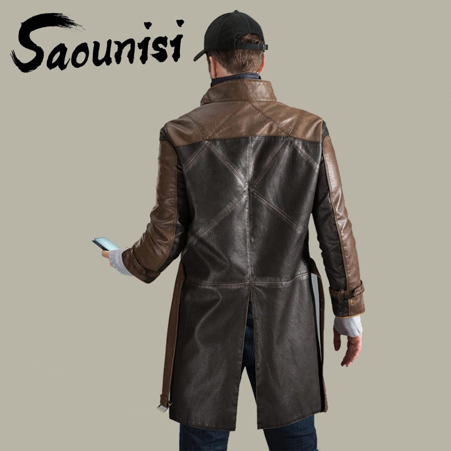 saounisi Men's Brown Faux Leather Trench Coat, Cosplay Jacket, X-Large