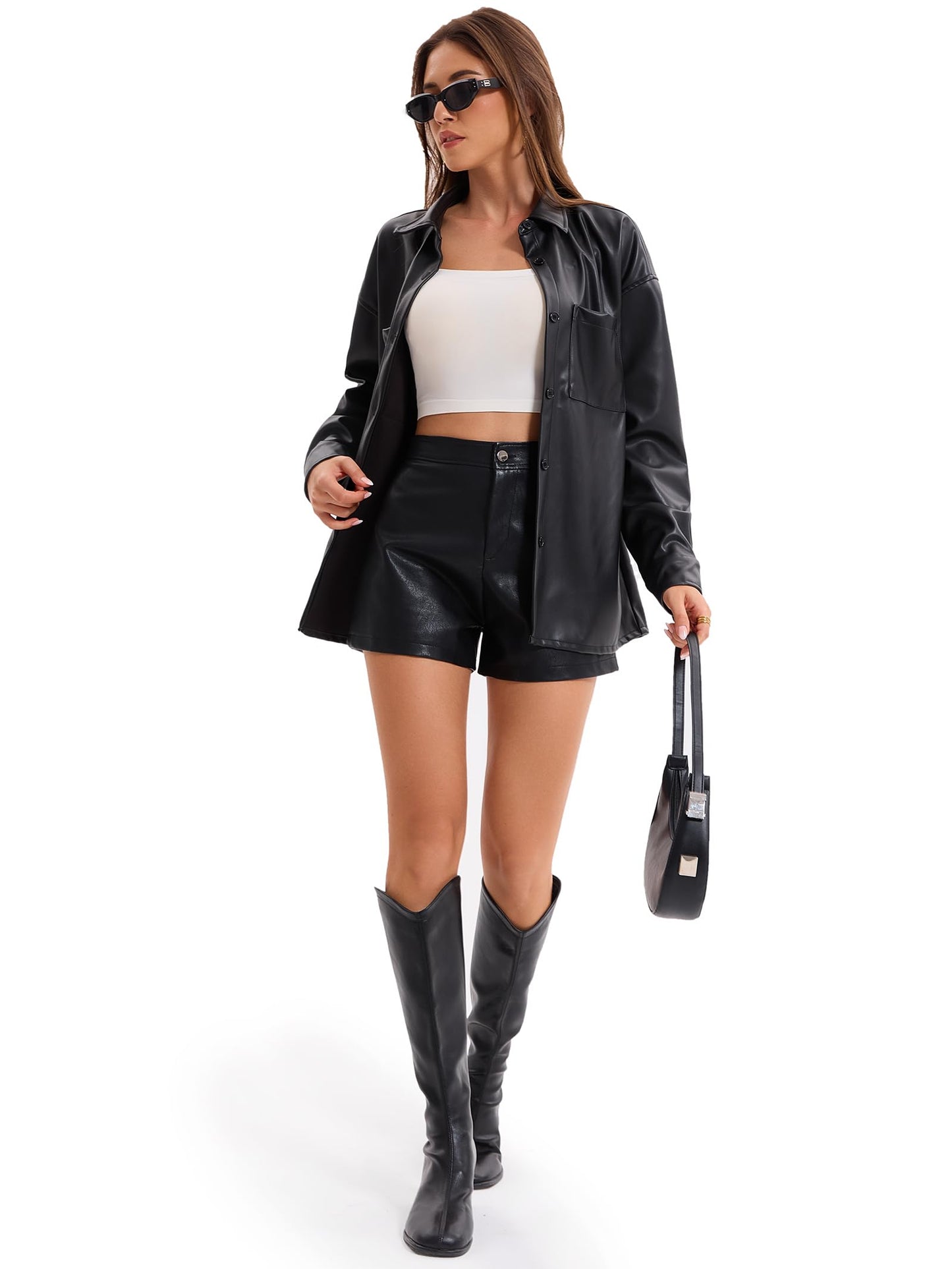 Haianguoji Women's Faux Leather Button-Down Shirt Jacket Lightweight Long Sleeve PU Blouse Shacket Tops (Black, XXL)