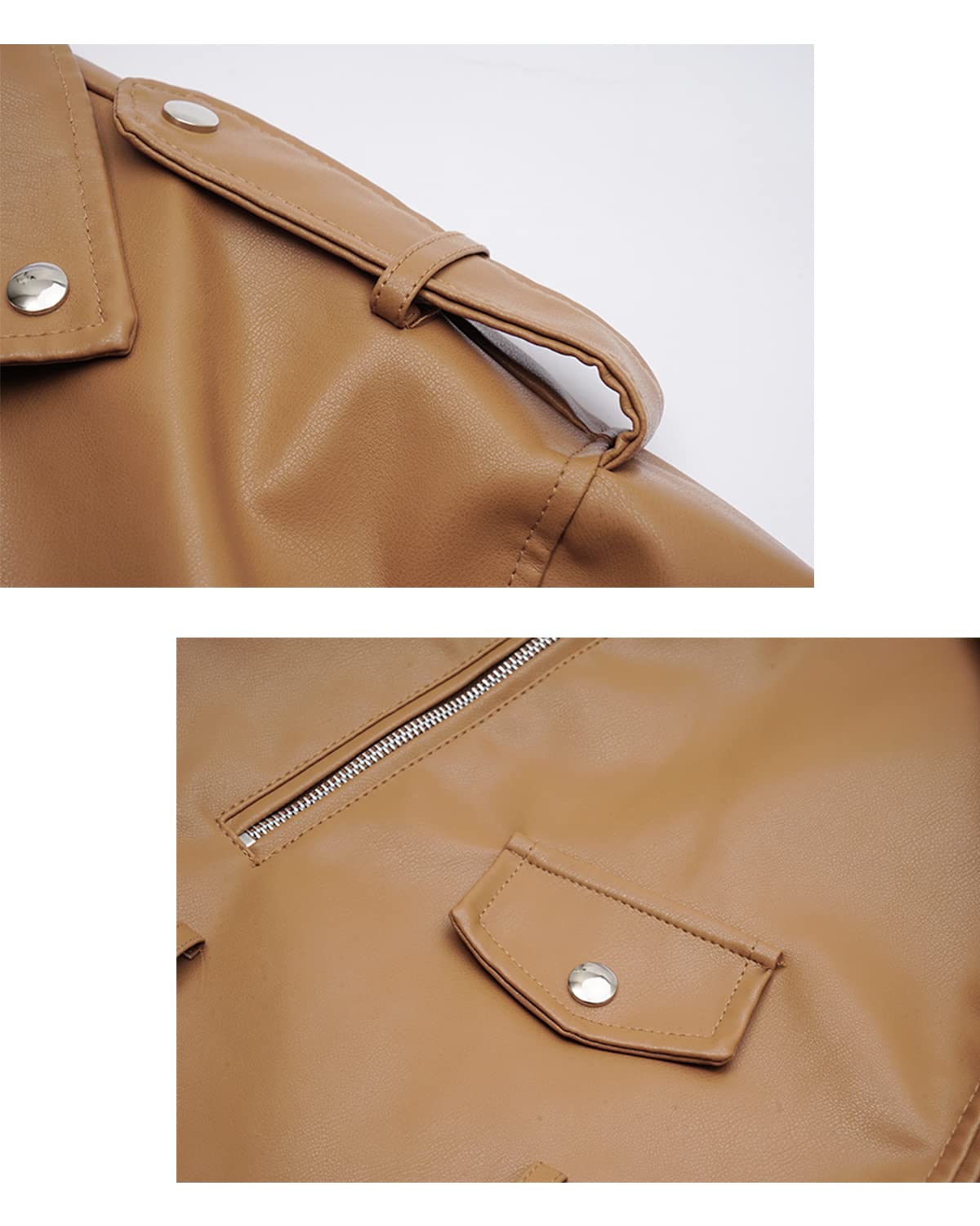 LY VAREY LIN Women Faux Leather Jacket Lapel Collar Motorcycle Zip Up Long Sleeve Motor Biker Short Coat Jacket (2123Brown, L)