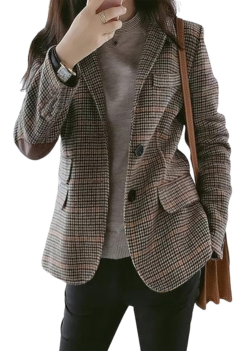 ebossy Womens Vintage Nothced Lapel Single Breasted Boyfriend Blazer Suits Houndstooth Plaid Jacket Coat with Patched Elbow (Medium,Khaki-a)
