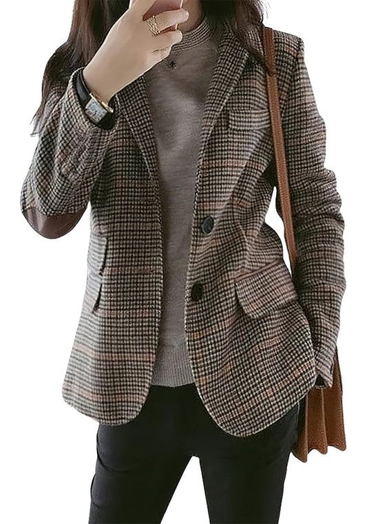 ebossy Womens Vintage Nothced Lapel Single Breasted Boyfriend Blazer Suits Houndstooth Plaid Jacket Coat with Patched Elbow (Medium,Khaki-a)