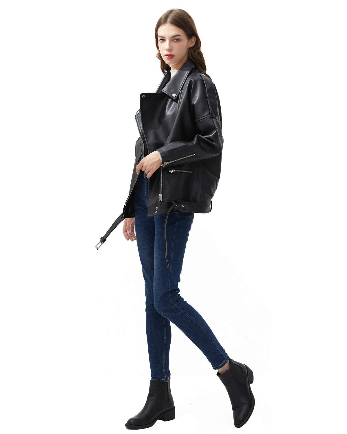 LY VAREY LIN Women Black Faux Leather Jackets Zipper Casual Short Coat Turn-down Collar Motor Biker Jacket with Belt (M, Black)