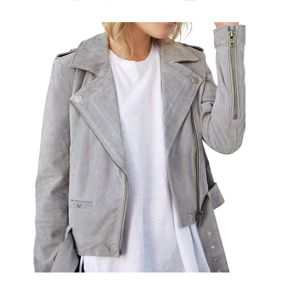 [BLANKNYC] womens Luxury Clothing Cropped Suede Leather Motorcycle Jackets, Comfortable & Stylish Coats, Cloud Grey, Medium