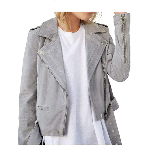 [BLANKNYC] womens Luxury Clothing Cropped Suede Leather Motorcycle Jackets, Comfortable & Stylish Coats, Cloud Grey, Medium