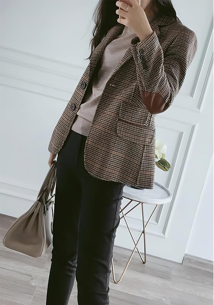 ebossy Womens Vintage Nothced Lapel Single Breasted Boyfriend Blazer Suits Houndstooth Plaid Jacket Coat with Patched Elbow (Medium,Khaki-a)