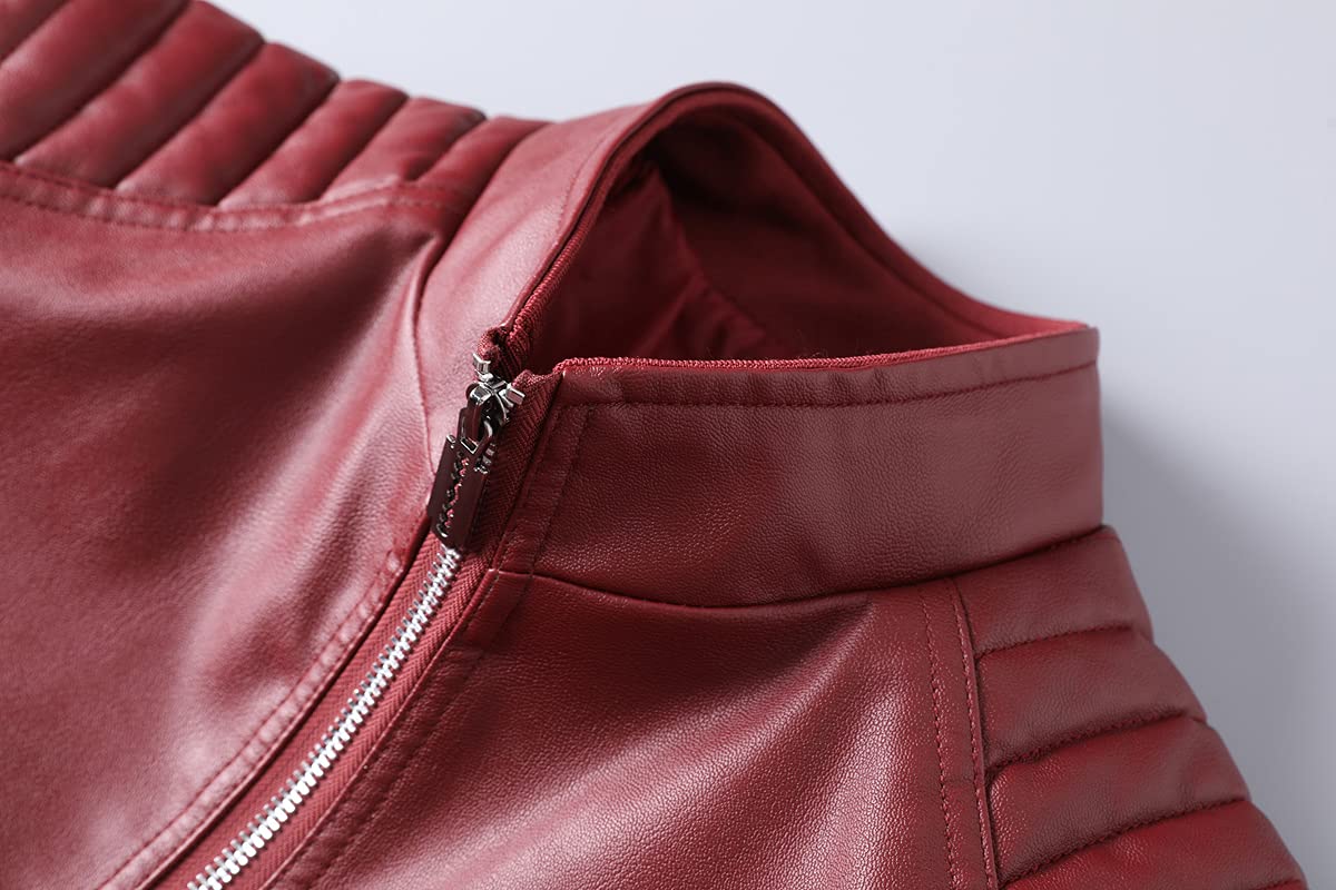 Womleys Mens Casual Stand Collar Slim Fit Faux Leather Jacket Biker Motorcycle Jacket (X-Red, X-Large)