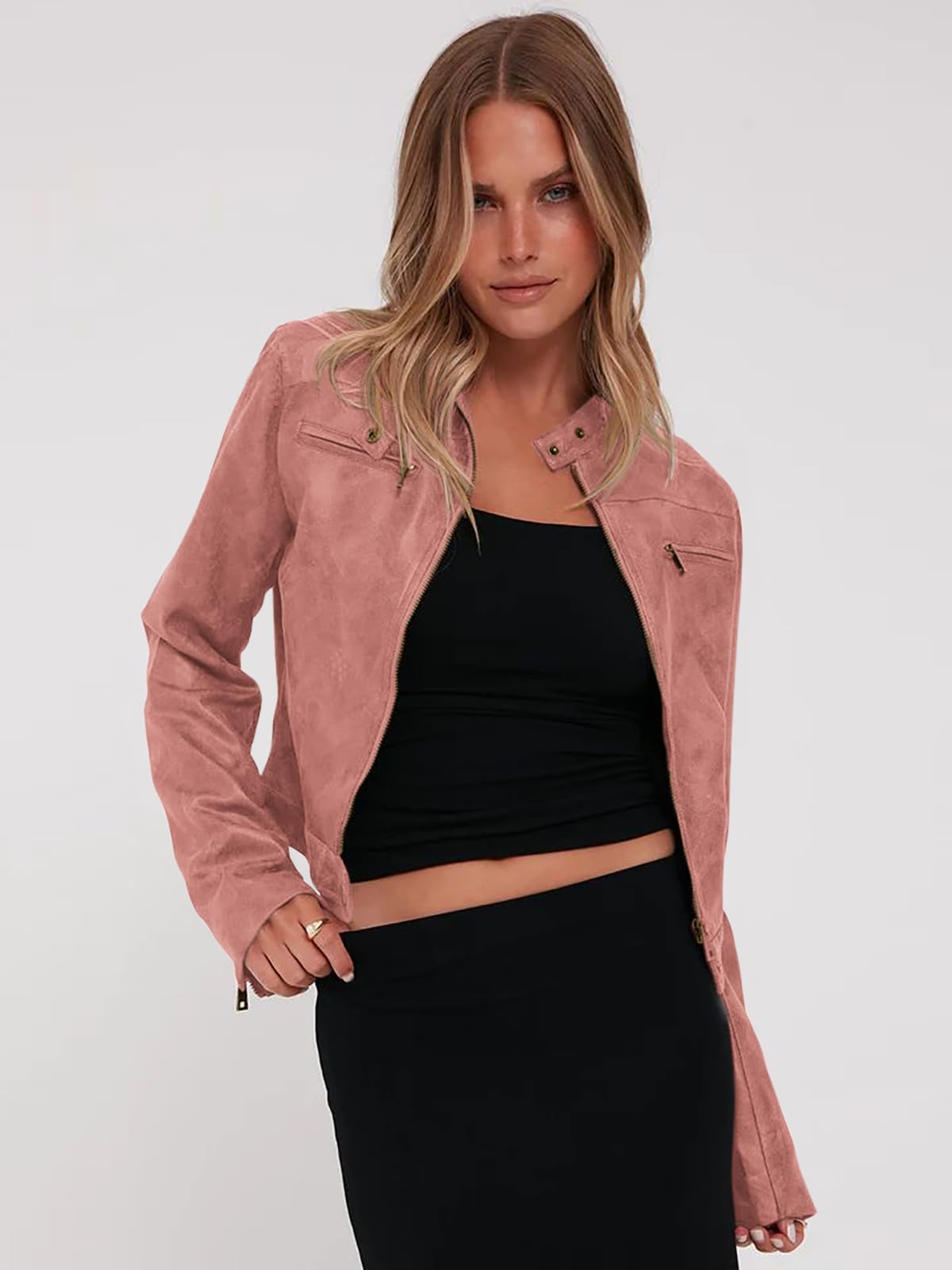 Onedreamer Women's Faux Leather Cropped jackets Casual Vintage Zip Up Stand Collar Motorcycle Short Coat Jacket